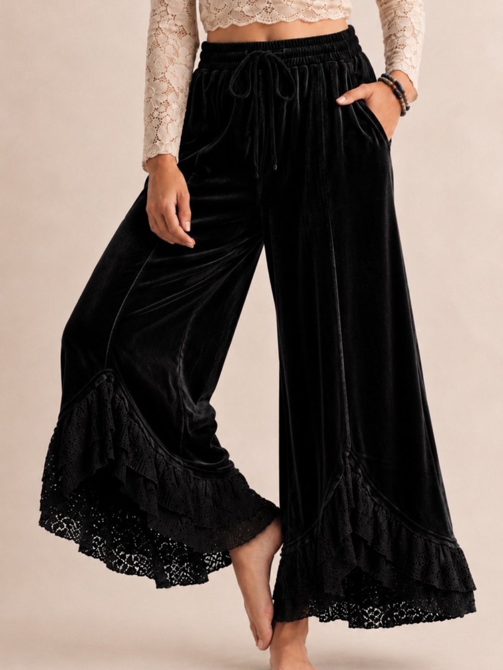 COMING SOON in NOVEMBER LovLov Black Velvet Vintage Lace Ruffle Pants